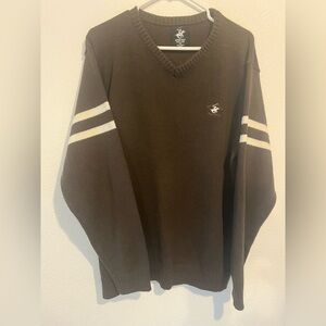 Beverly Hills Polo Club Dark Brown V-Neck Sweater with Cream Stripes XXL